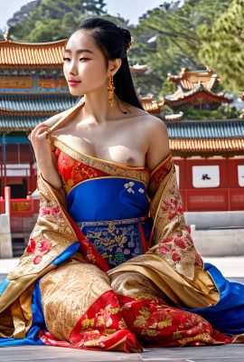 orecchini d’oro pendenti, immagine di una bellissima principessa cinese che mostra la vagina e il seno